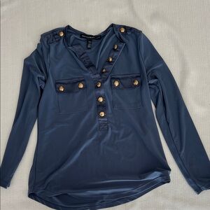 White House Black Market Navy Blouse with Gold Buttons